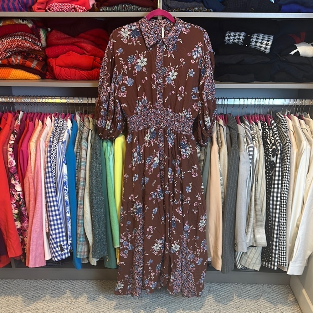 Free People maroon/pink/blue floral balloon sleeve button down maxi dress size S